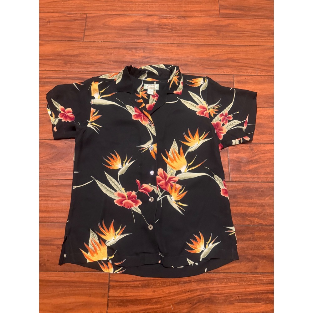 Tommy Bahama Women Black Silk Bird of Paradise Floral Camp Shirt S Short Sleeve